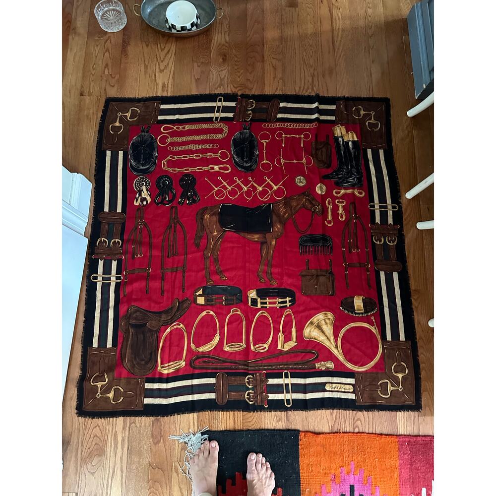 Ralph Lauren equestrian wool Silk horse Scarf Black Red 50x50” large READ - Picture 5 of 16